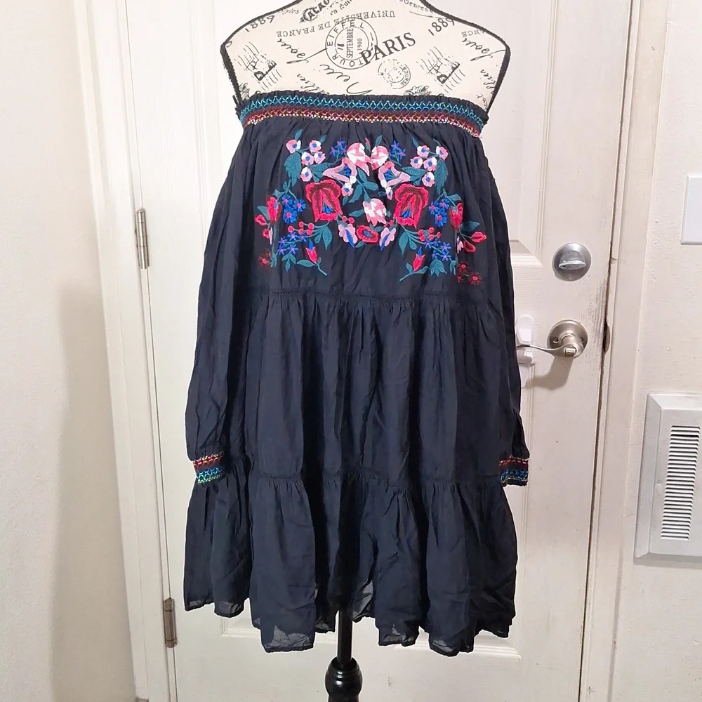 Free People Embroidered Floral Gypsy Dress Black Women Large Y2K - Picture 1 of 12